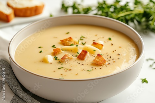 A Bowl of Creamy Potato Soup With Croutons, Served in a Rustic Kitchen, Food Photography, Food Menu Style Photo Image