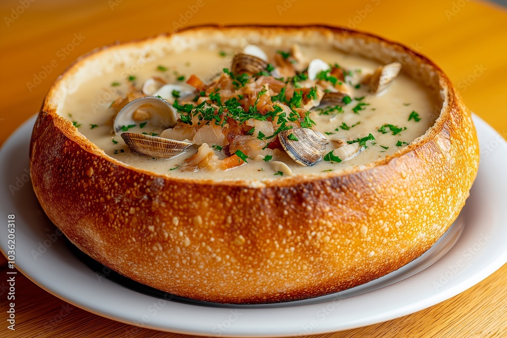 A Bowl of Hearty Clam Chowder in a Sourdough Bread Bowl, Served at a Seafood Restaurant by the San Francisco Bay, Food Photography, Food Menu Style Photo Image A Bowl of Hearty Clam Chowder in a Sourdough Bread Bowl, Served at a Seafood Restaurant by the San Francisco Bay, Food Photography, Food Menu Style Photo Image