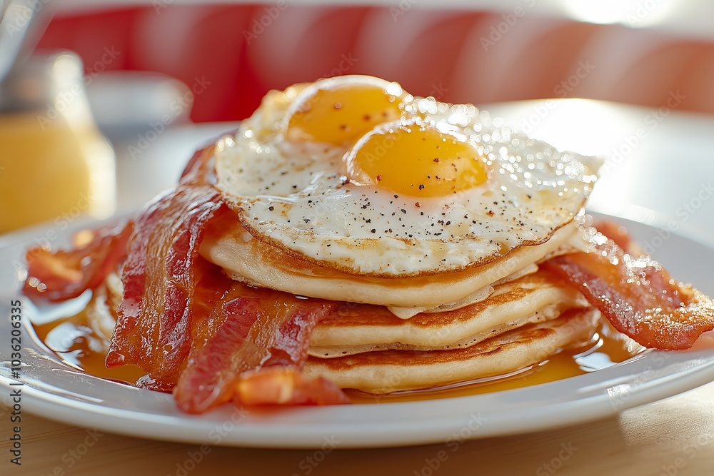 A Classic American Breakfast of Pancakes, Eggs, and Bacon, Served at a Cozy Diner With Red Booths, Breakfast Food Photography, Breakfast Menu Style Photo Image A Classic American Breakfast of Pancakes, Eggs, and Bacon, Served at a Cozy Diner With Red Booths, Breakfast Food Photography, Breakfast Menu Style Photo Image