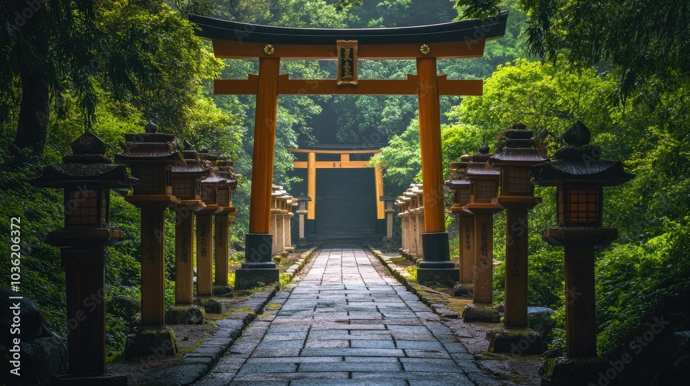 A beautiful Shinto shrine surrounded by lush greenery, with graceful torii gates and a serene atmosphere, representing spiritual harmony A beautiful Shinto shrine surrounded by lush greenery, with graceful torii gates and a serene atmosphere, representing spiritual harmony