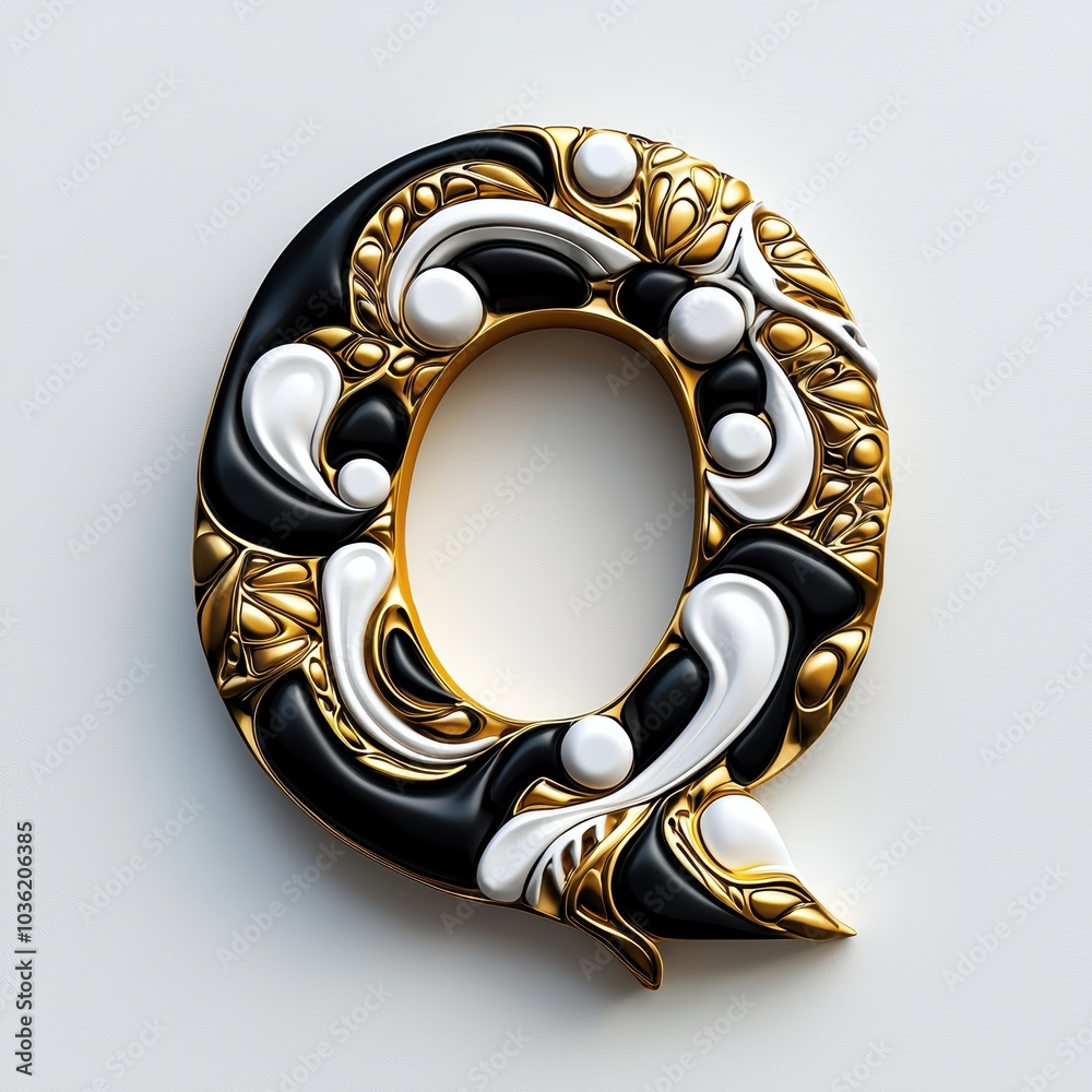 Decorative 3D Letter Q in Gold, Black, and White Design Decorative 3D Letter Q in Gold, Black, and White Design