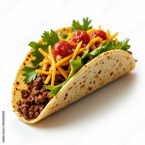 Soft taco with seasoned beef, lettuce, cheese, and salsa on clean white background