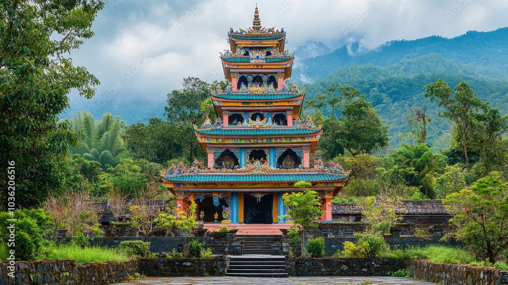 A beautifully detailed pagoda with tiered roofs and vibrant colors, standing tall amidst lush surroundings, symbolizing cultural and spiritual significance A beautifully detailed pagoda with tiered roofs and vibrant colors, standing tall amidst lush surroundings, symbolizing cultural and spiritual significance