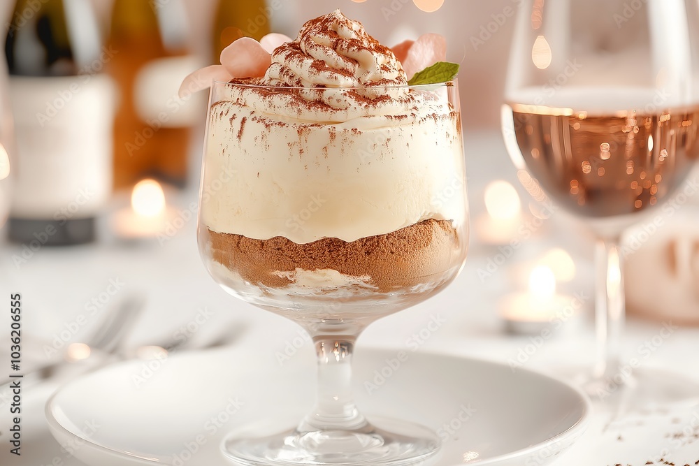 A Creamy Tiramisu in a Glass Dish, Served at a Romantic Candle-lit Italian Restaurant, Dessert Food Photography, Dessert Menu Style Photo Image A Creamy Tiramisu in a Glass Dish, Served at a Romantic Candle-lit Italian Restaurant, Dessert Food Photography, Dessert Menu Style Photo Image