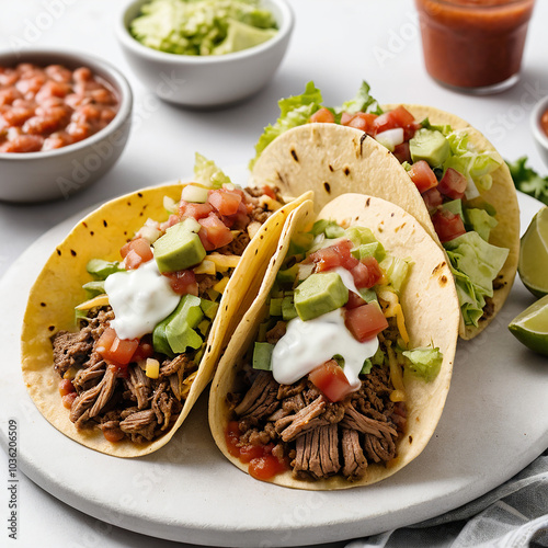 Soft taco with seasoned beef, lettuce, cheese, and salsa on clean white background