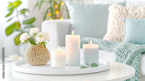 Candles and flowers in cozy home decor creating a relaxing atmosphere