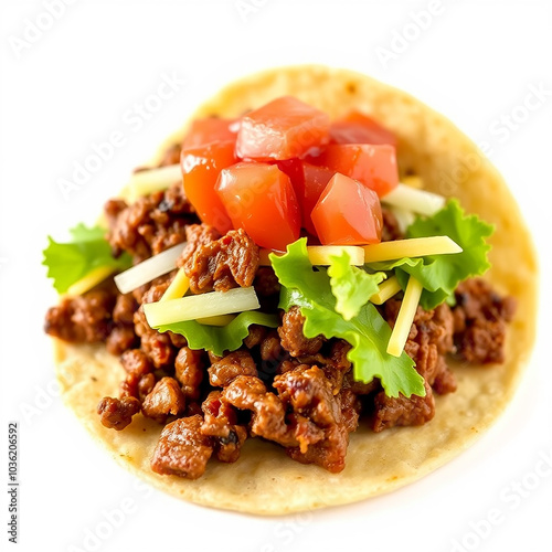 Soft taco with seasoned beef, lettuce, cheese, and salsa on clean white background