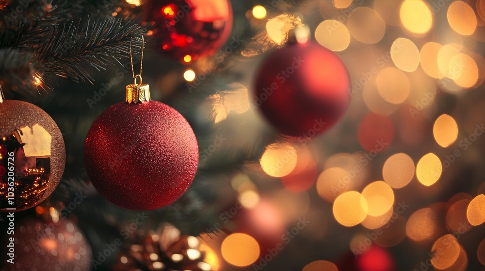 closeup red christmas balls caught from a tree banner style