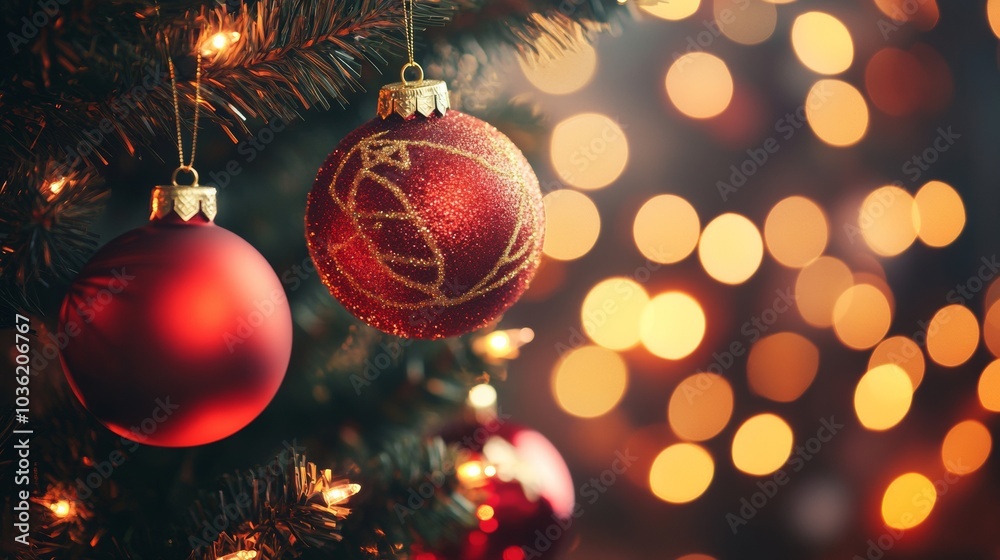 closeup red christmas balls caught from a tree banner style closeup red christmas balls caught from a tree banner style