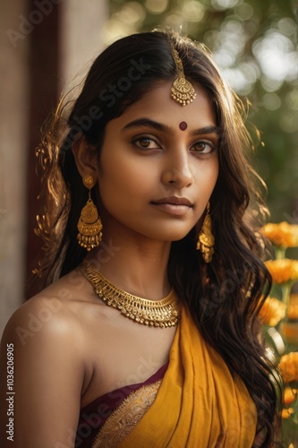 Woman wearing gold earrings and a gold necklace
