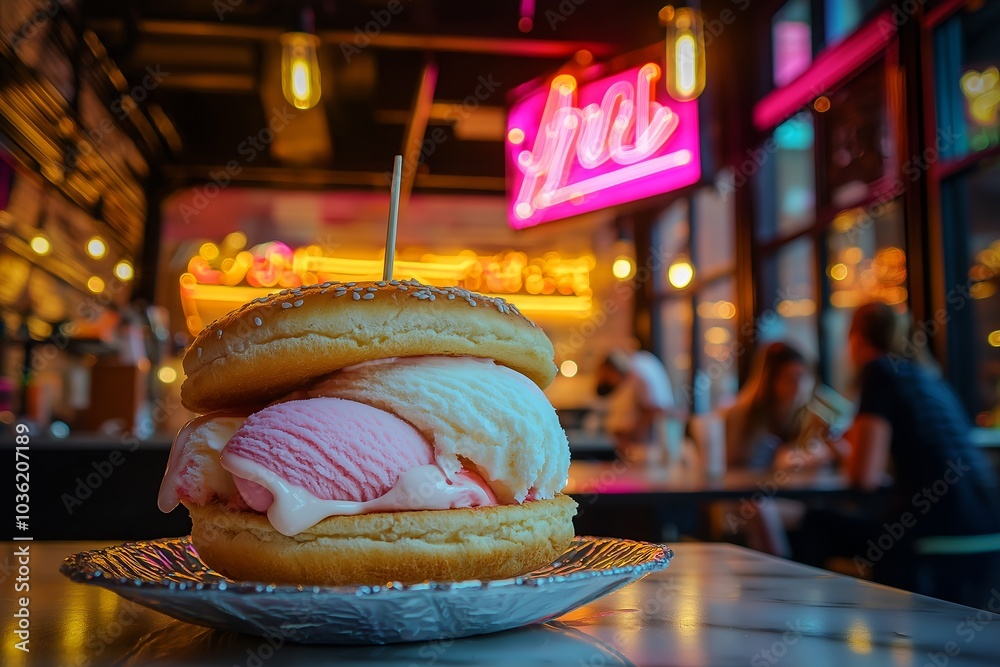 A Large Ice Cream Sandwich, Served at a Trendy Dessert Bar With Neon Signs, Dessert Food Photography, Dessert Menu Style Photo Image A Large Ice Cream Sandwich, Served at a Trendy Dessert Bar With Neon Signs, Dessert Food Photography, Dessert Menu Style Photo Image