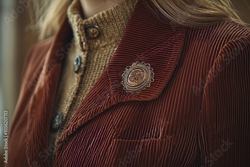 Close-up of elegant autumn fashion featuring a vintage brooch on a tailored corduroy jacket photo