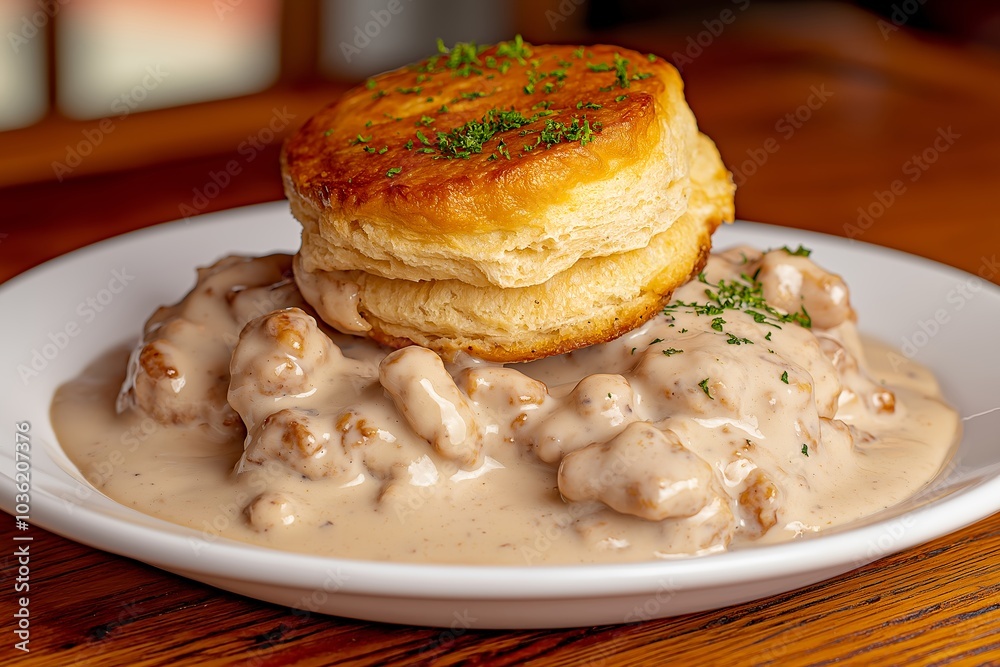 A Plate of Biscuits and Gravy, Served at a Southern Diner, Food Photography, Food Menu Style Photo Image A Plate of Biscuits and Gravy, Served at a Southern Diner, Food Photography, Food Menu Style Photo Image