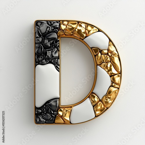 Gold and Black 3D Letter D on White Background