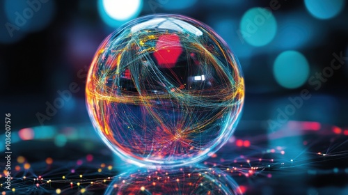 A glowing sphere with colorful lines representing connections and data visualization.