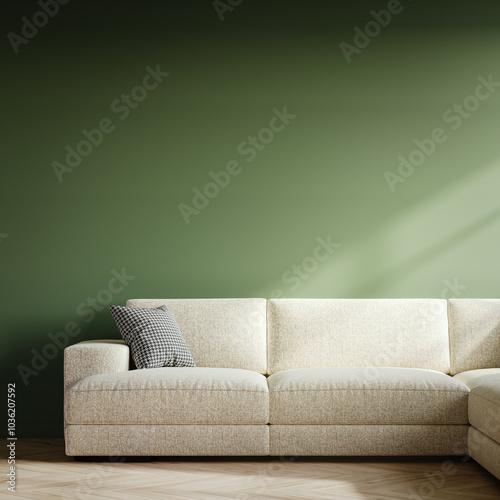 Fototapeta Naklejka Na Ścianę i Meble -  Interior with beige sofa and empty green mockup wall background. 3D Rendering, 3D Illustration