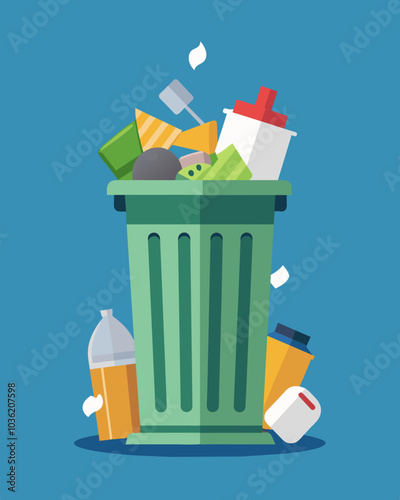 An overflowing public trash can filled with discarded plastic and paper packaging overwhelming the capacity of our waste management system.. Vector illustration