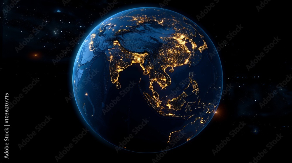 Fototapeta premium 3D Earth with realistic cloud atmosphere and night lights in Asia