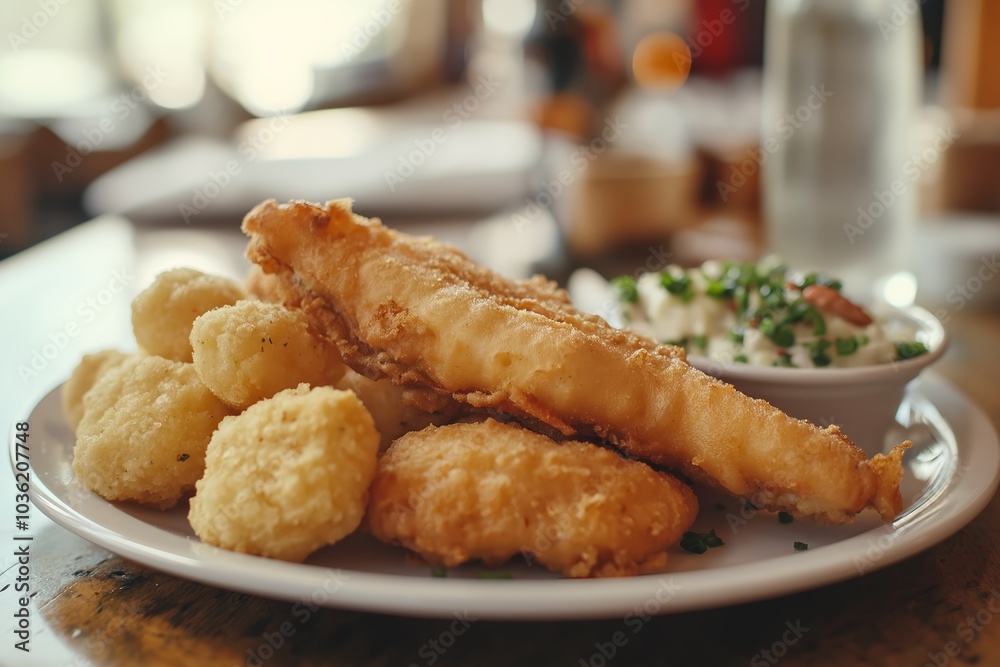 A Plate of Fried Catfish With Hushpuppies, Served in a Southern Diner, Food Photography, Food Menu Style Photo Image A Plate of Fried Catfish With Hushpuppies, Served in a Southern Diner, Food Photography, Food Menu Style Photo Image