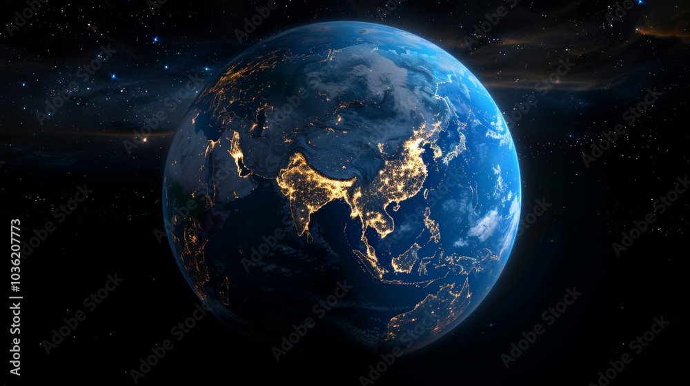 3D Earth with realistic cloud atmosphere and night lights in Asia 3D Earth with realistic cloud atmosphere and night lights in Asia