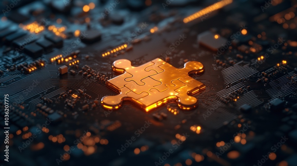 A glowing puzzle piece on a circuit board symbolizes technology and problem-solving. A glowing puzzle piece on a circuit board symbolizes technology and problem-solving.