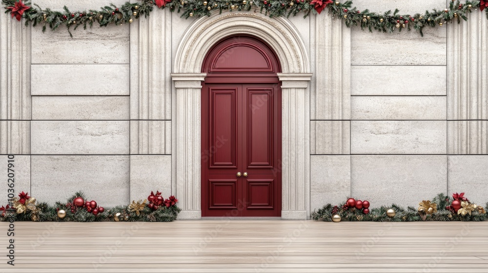 The red front door is festively decorated with a wreath and garland, welcoming visitors to a warm, inviting home entrance during Christmas The red front door is festively decorated with a wreath and garland, welcoming visitors to a warm, inviting home entrance during Christmas