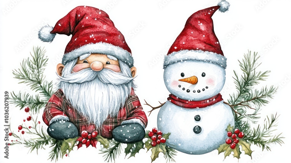 A cheerful Santa and snowman adorned with winter elements, celebrating the festive season. A cheerful Santa and snowman adorned with winter elements, celebrating the festive season.