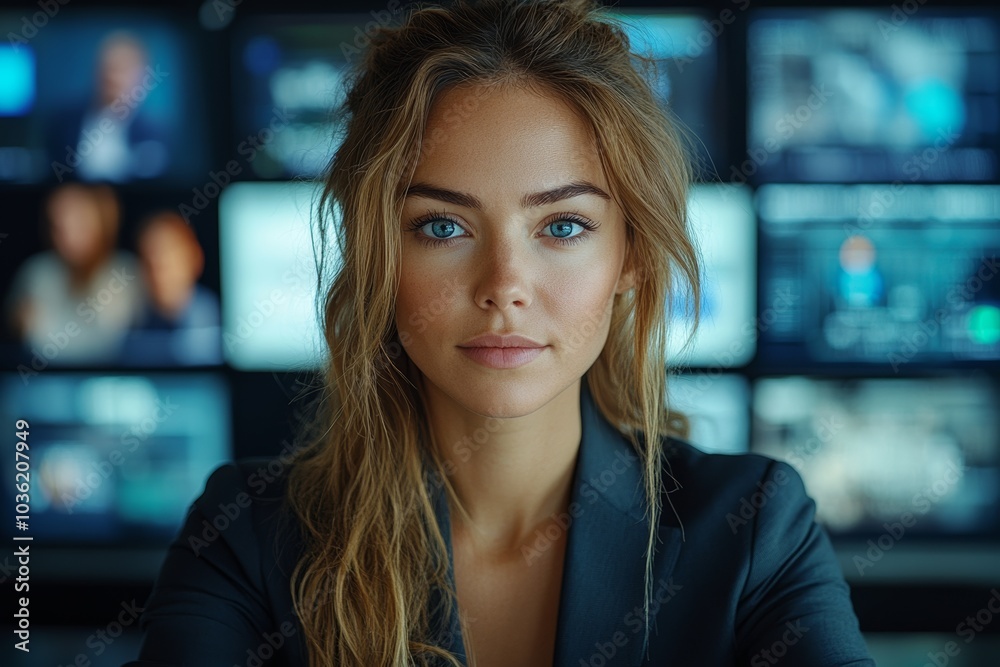 A professional journalist is seated behind a news desk in a modern news studio. Generative AI A professional journalist is seated behind a news desk in a modern news studio. Generative AI