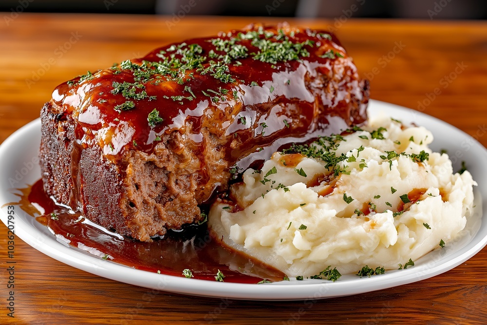 A Savory Meatloaf With Mashed Potatoes, Served in a Homestyle Restaurant, Food Photography, Food Menu Style Photo Image A Savory Meatloaf With Mashed Potatoes, Served in a Homestyle Restaurant, Food Photography, Food Menu Style Photo Image