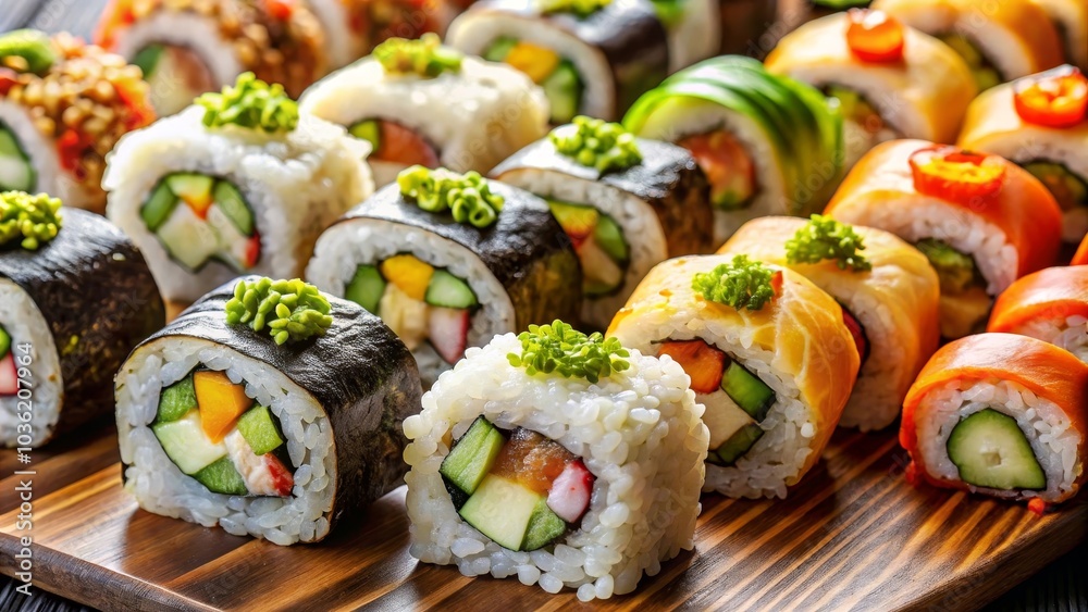 Wooden platter holding a colorful variety of fresh sushi rolls Wooden platter holding a colorful variety of fresh sushi rolls