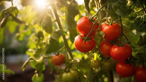 Sun-drenched ripe tomatoes hanging amidst lush green foliage, capturing the vitality of a thriving garden.