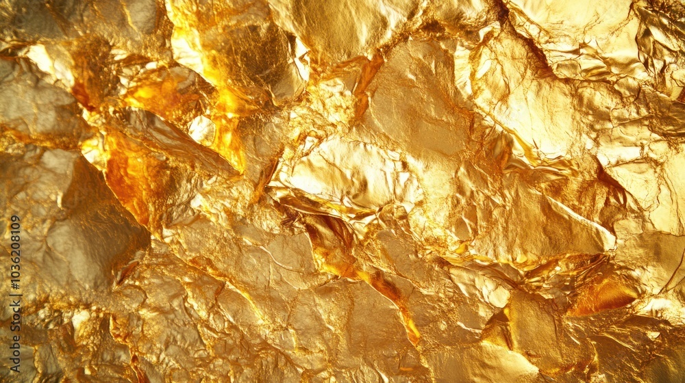 A close-up of crumpled gold foil, showcasing its shiny texture and reflective qualities. A close-up of crumpled gold foil, showcasing its shiny texture and reflective qualities.