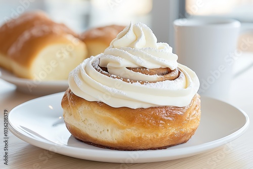 A Warm Cinnamon Roll With Cream Cheese Frosting, Served in a Quaint Bakery Café, Bakery Food Photography, Café Menu Style Photo Image