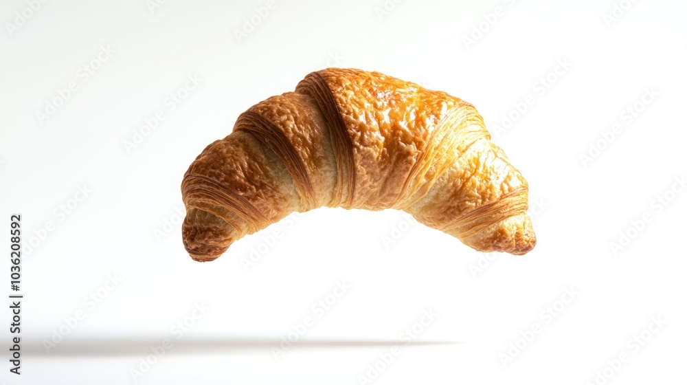 A floating croissant showcasing its flaky texture and golden-brown color against a white background. A floating croissant showcasing its flaky texture and golden-brown color against a white background.