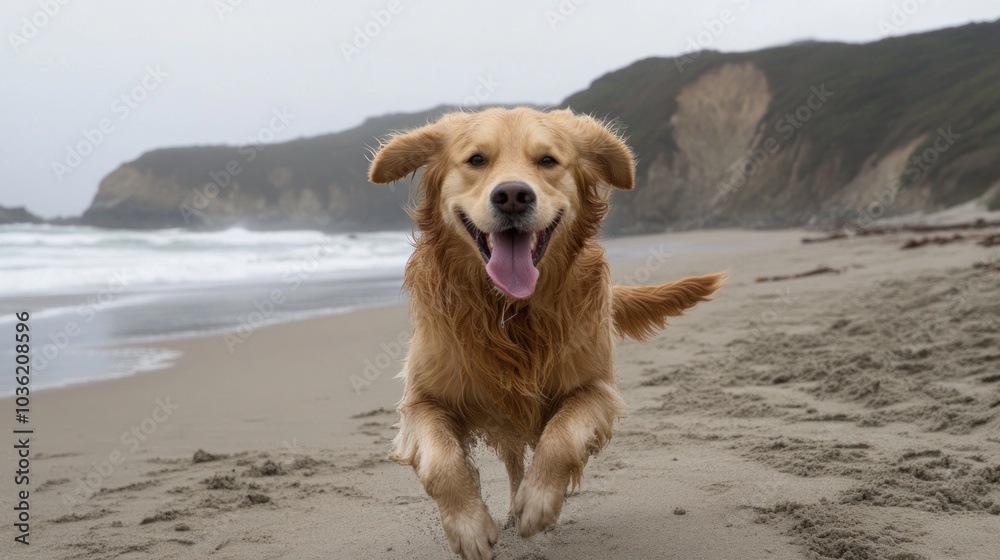 A joyful golden retriever running on the beach, enjoying the outdoors and the ocean breeze. A joyful golden retriever running on the beach, enjoying the outdoors and the ocean breeze.