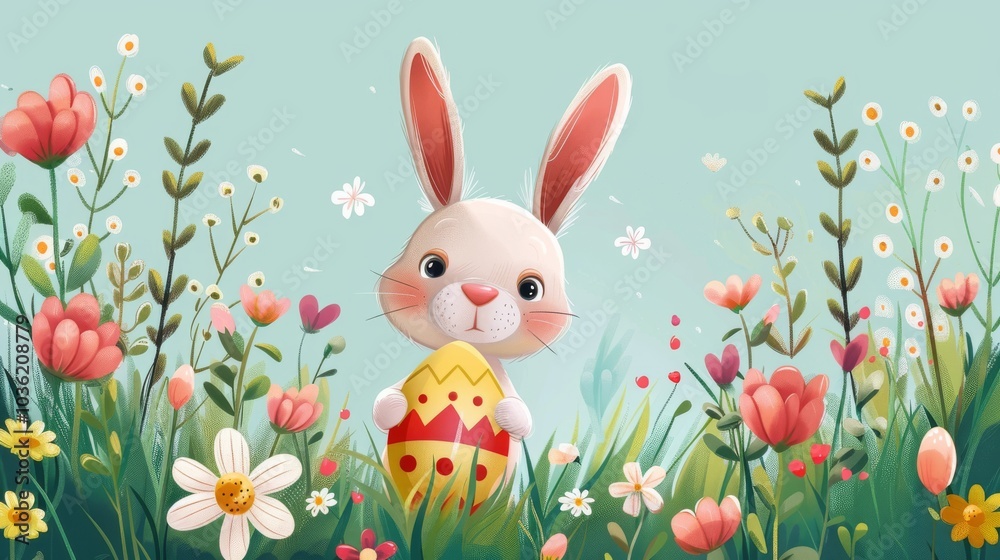 Fototapeta premium Cute bunny holding an Easter egg, surrounded by flowers, vector illustration on white