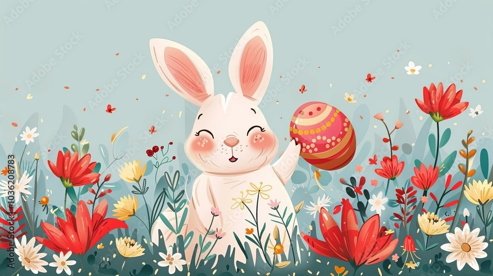 Obraz premium Cute bunny holding an Easter egg, surrounded by flowers, vector illustration on white