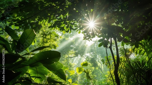 Sunbeams filter through lush jungle foliage, illuminating the vibrant heart of nature with serene beauty and life.