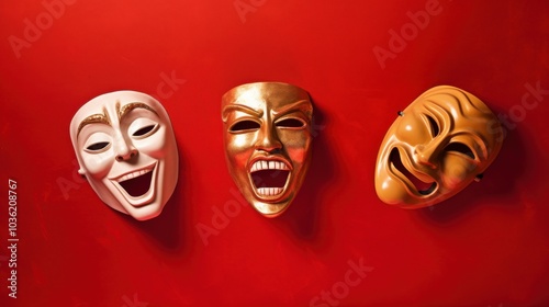 Three theatrical masks with diverse expressions resting vibrantly against a bold red background.