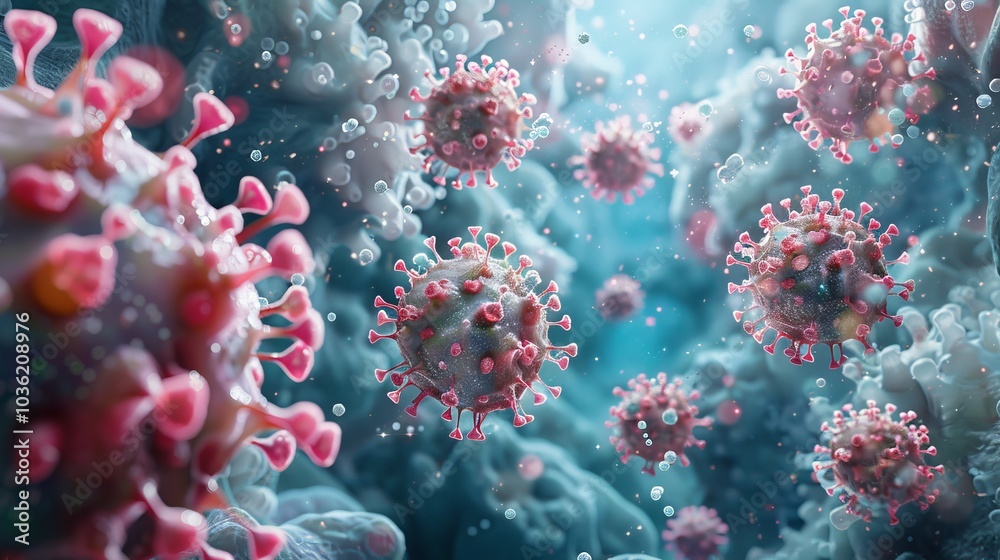 Detailed rendering of coronavirus particles, focusing on the virus's structure and surrounding environment