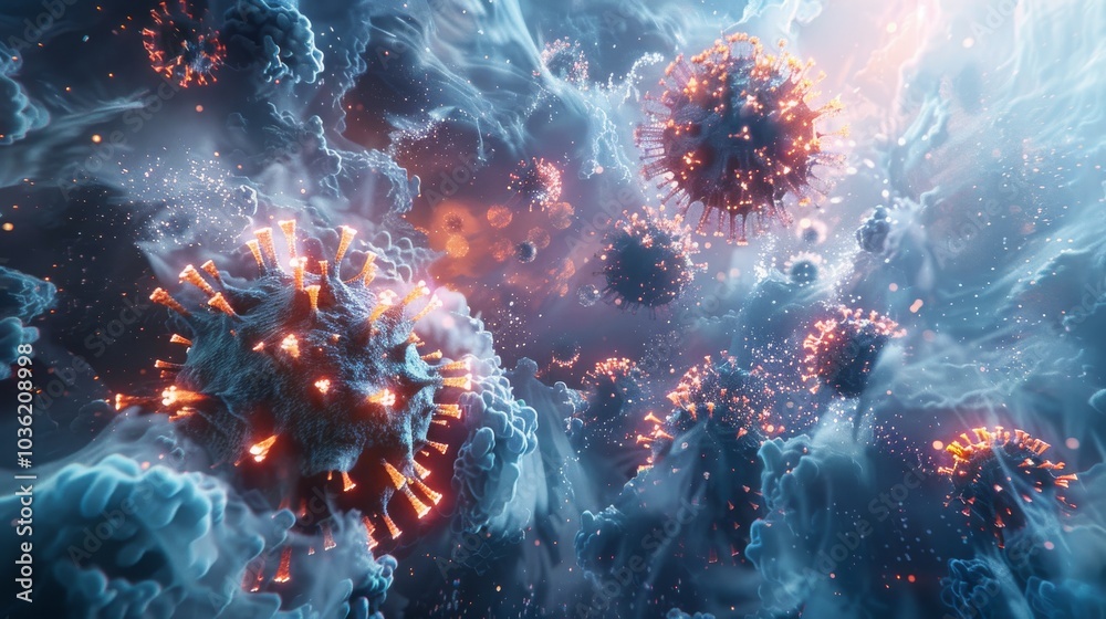 Fototapeta premium Detailed rendering of coronavirus particles, focusing on the virus's structure and surrounding environment
