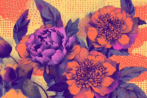 Fototapeta Naklejka Na Ścianę i Meble -  Retro halftone peonies  against a dotted background