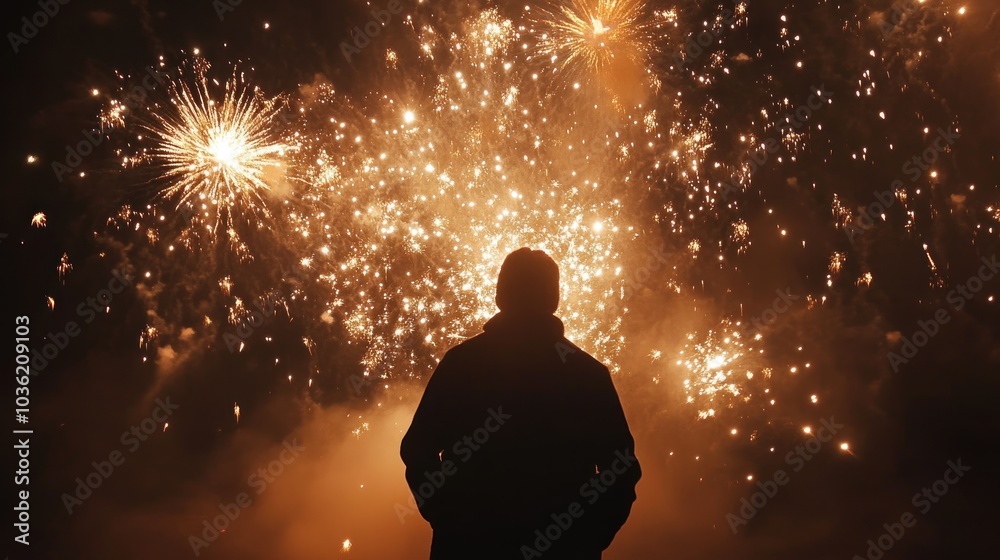 A silhouette of a person watching a vibrant fireworks display at night. A silhouette of a person watching a vibrant fireworks display at night.