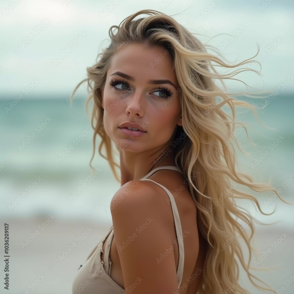 A blond woman in a swimsuit gazes back while standing near the shoreline. Gentle sea waves lap at her feet under a clear blue sky. Long hair, beautiful young face. Travel and clothing adverts. AI A blond woman in a swimsuit gazes back while standing near the shoreline. Gentle sea waves lap at her feet under a clear blue sky. Long hair, beautiful young face. Travel and clothing adverts. AI