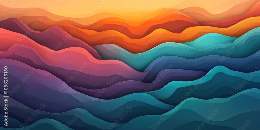 Abstract illustration of layered colorful hills with a sunset sky.