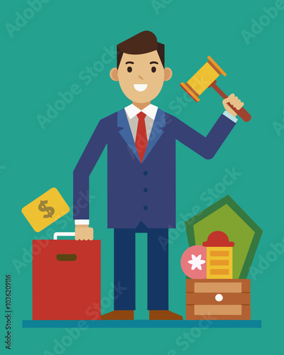 An auctioneer selling off belongings from a foreclosed home. Vector illustration