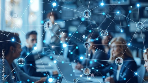 Diverse business professionals connected globally, exchanging data and strategies for customer service and outsourcing. Emphasis on technology and teamwork