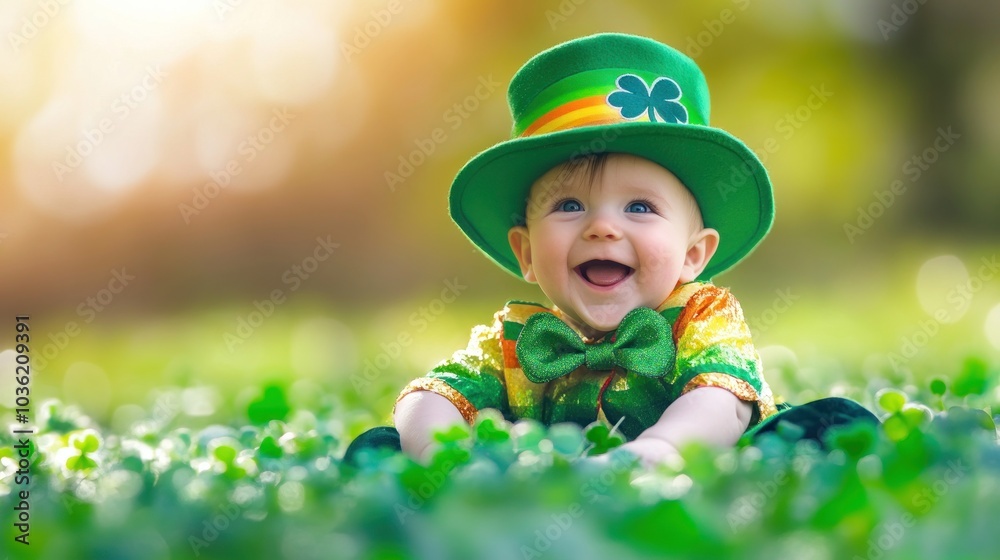 A joyful baby in a festive green outfit sits on grass, celebrating a cheerful occasion. A joyful baby in a festive green outfit sits on grass, celebrating a cheerful occasion.