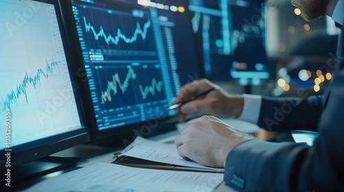 A financial analyst at their desk, reviewing stock market charts and graphs, Financial office scene