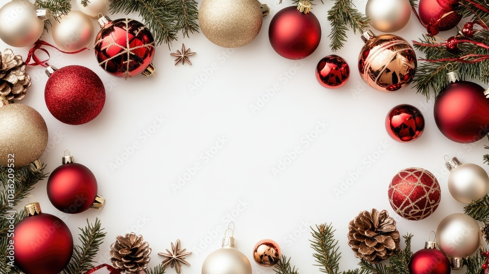 A beautifully arranged collection of red Christmas ornaments and white bows creates a festive atmosphere perfect for holiday greetings A beautifully arranged collection of red Christmas ornaments and white bows creates a festive atmosphere perfect for holiday greetings